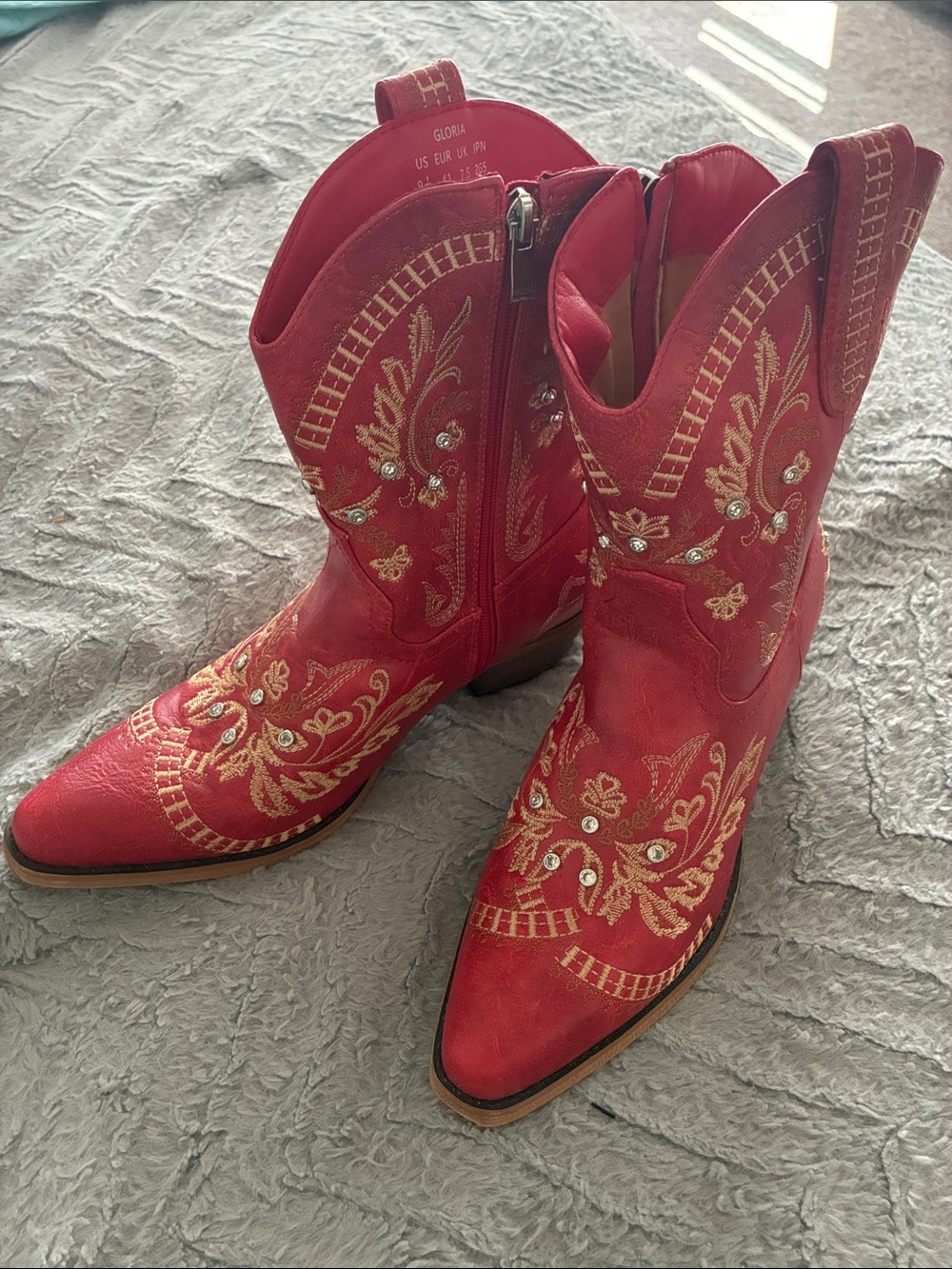 Embroidered Red Western Ankle Booties with Side Zip